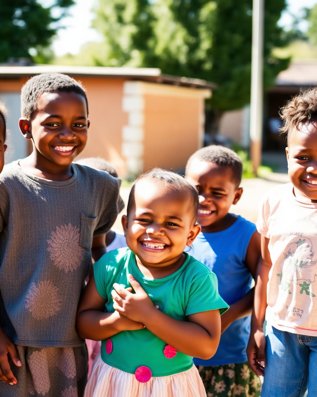 Smiling children in a sunlit community